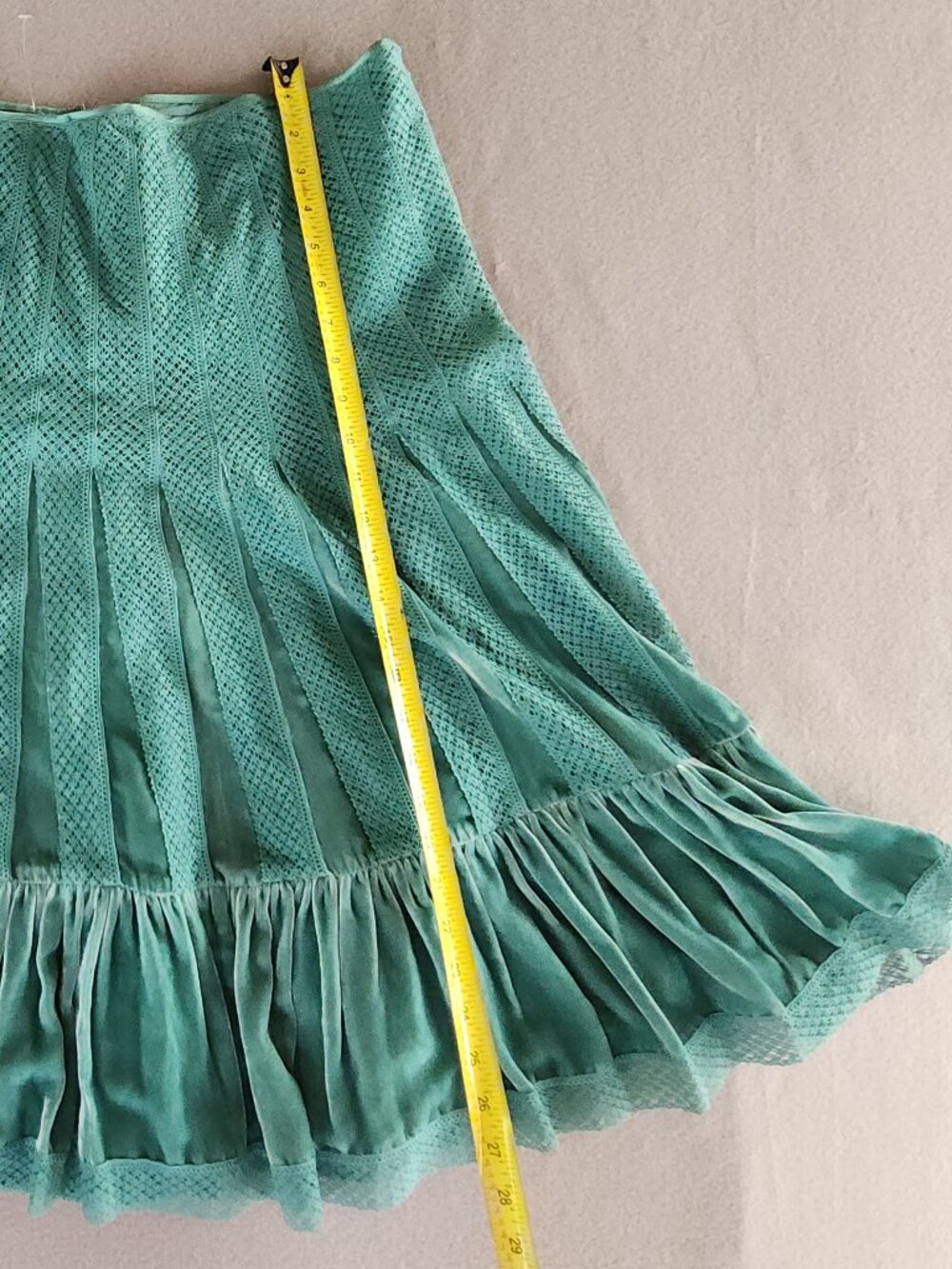 VINTAGE FREE PEOPLE TEAL VELVET & LACE PLEATED MIDI SKIRT SILK BLEND Y2K SIZE 12 - Picture 7 of 10